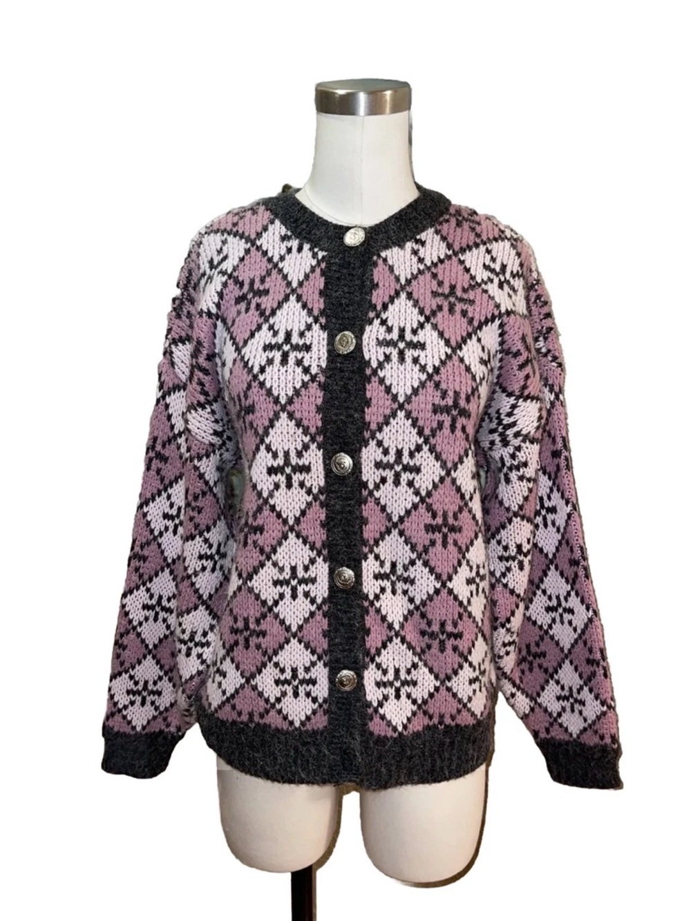 Vintage Paris Sport Club Cardigan Women L Pink Gray Geometric Diamond Wool Blend